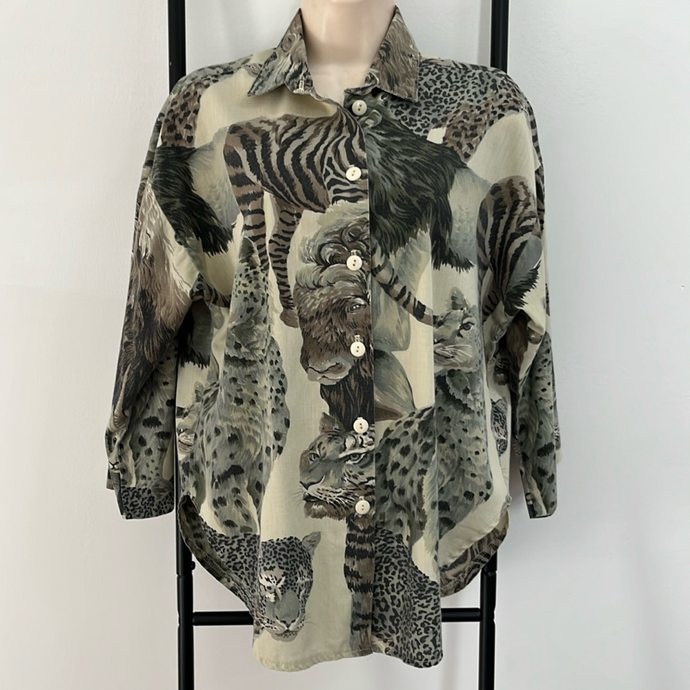Vintage 80s Rebe Animal Print Buffalo Zebra Tiger Button Up Safari Africa Shirt
